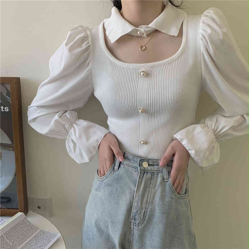 Ezgaga Hollow Out Blouse Women Patchwork Knit Tops Thin Slim Spring Outwear Long Sleeve Shirts Elegant Korean Fashion 210430