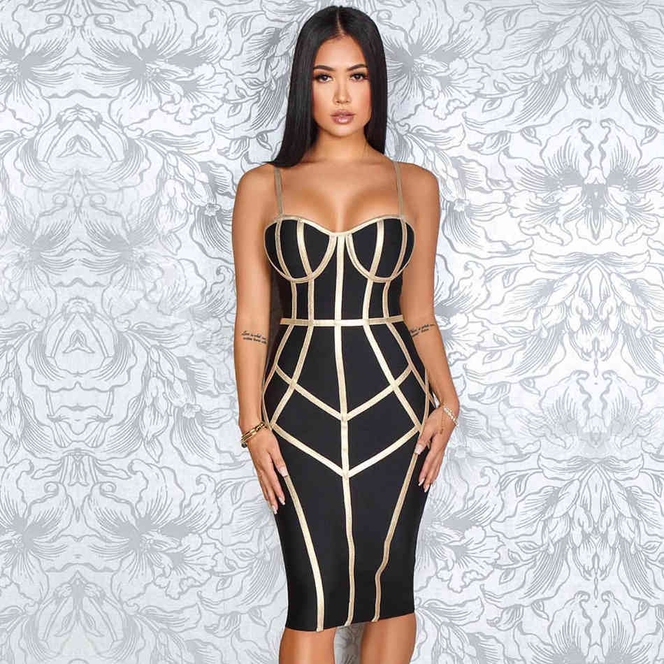 Summer Bodycon Bandage Dress Women Sexy Spaghetti Strap Sleeveless Club Knee Length Celebrity Evening Party 210423