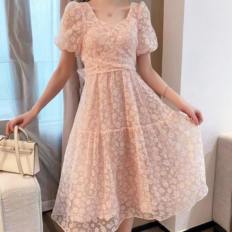 Elegant Vintate Floral Dress Women Short Sleeve Midi Dress Female Party Beach Dress Korea Office Lady Sumemr Chic 210521