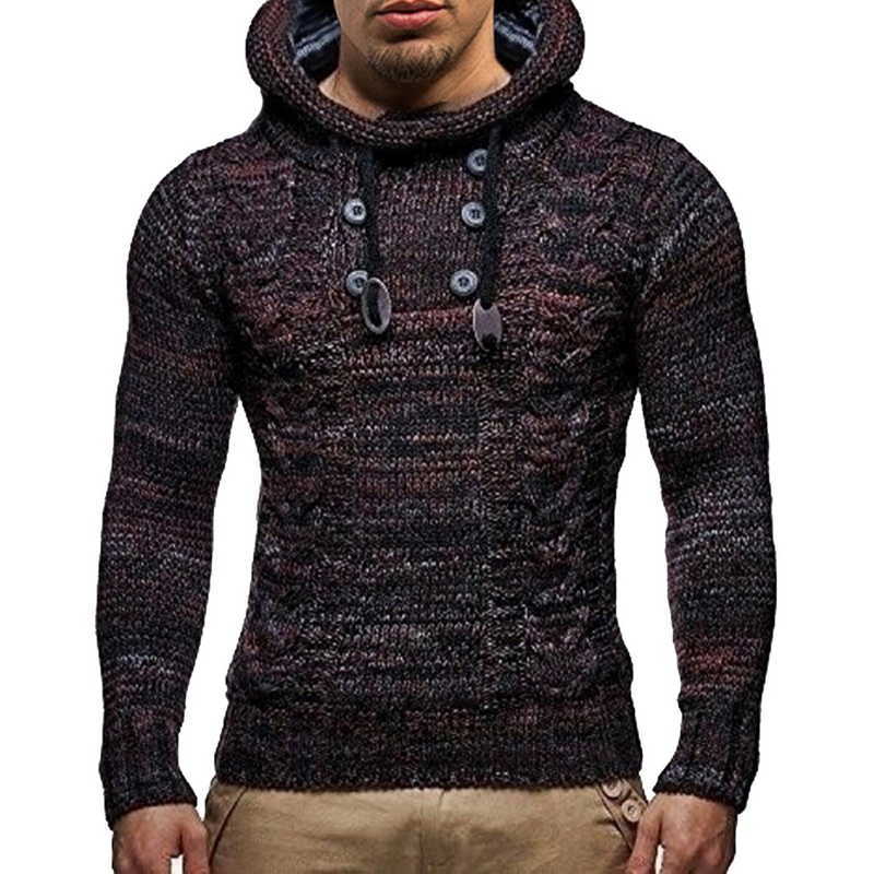 Men's Fashion Solid Color Knit Hooded Sweaters O-Neck Long Sleeve Slim Fit Pullover Tops Autumn Winter 211008