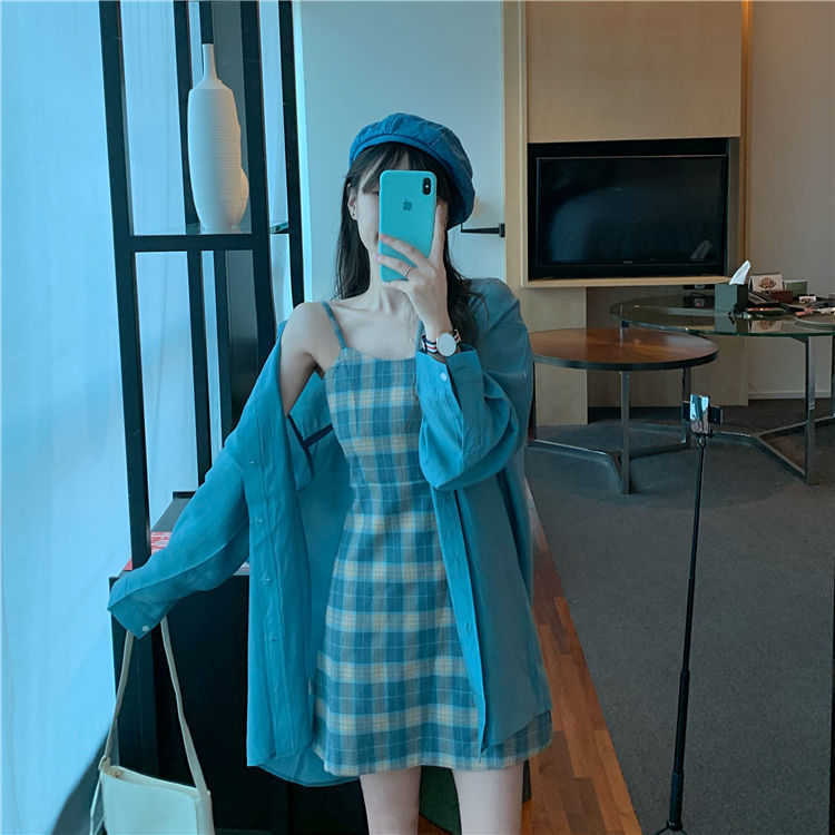 Summer and Autumn Suit Blue Sunscreen Shirt + Plaid Sling Slim A-line Dress Western Style Two-piece Female 210708