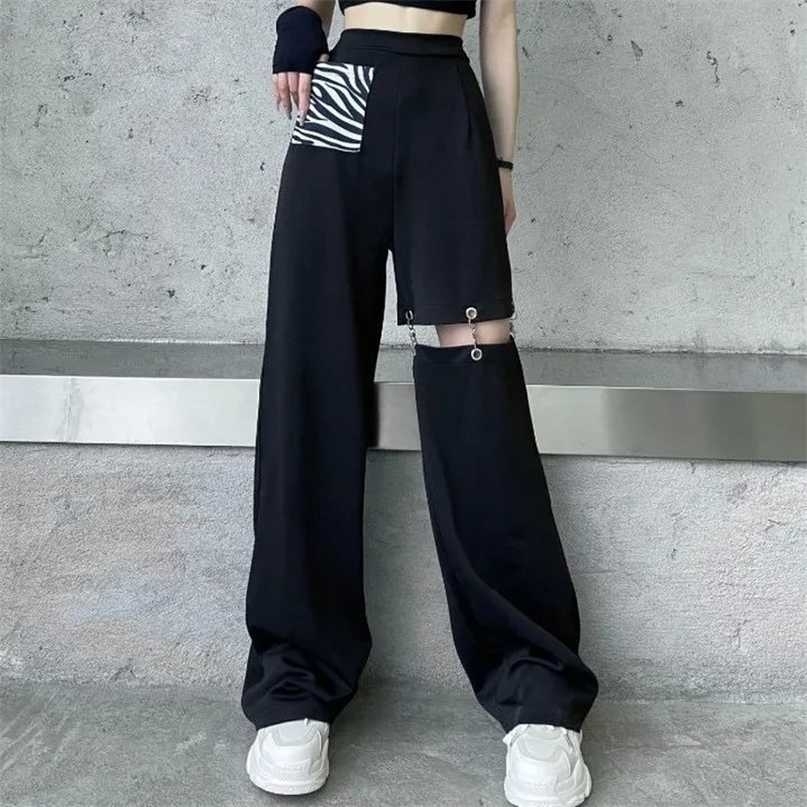 HOUZHOU Black Wide Leg Cargo Pants Women Hollow Out Streetwear Techwear Trousers Elastic Waist Patchwork Korean Fashion Summer 211115