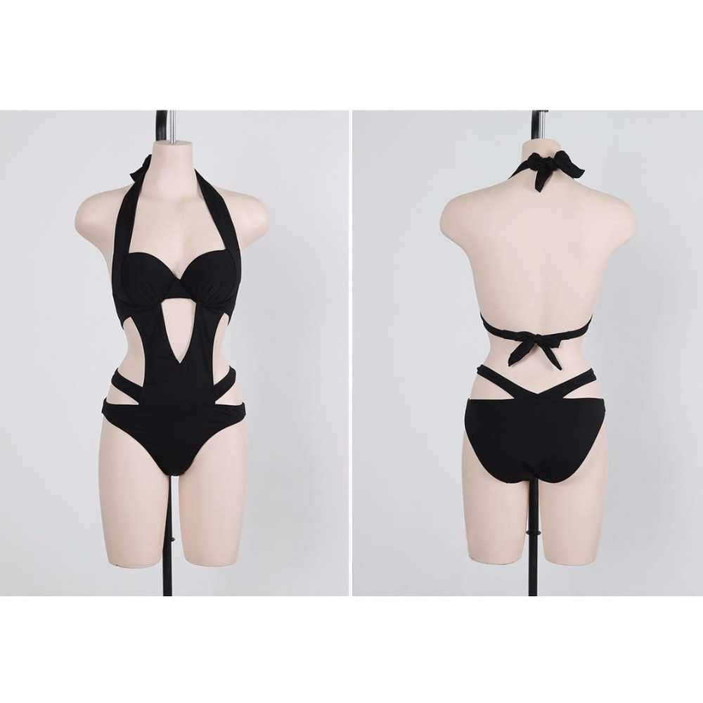 Sexy Black Halter Cut Out Bandage Trikini Swim Bathing Suit Monokini Push Up Brazilian Swimwear Women Swimsuit 210625