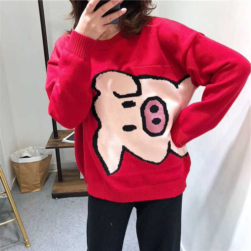 Spring Autumn Women Pullover Sweaters O Neck Cartoon Pig Pretty Vintage Japan Style Ladies Knitwear Jumper Tops C-068 211018