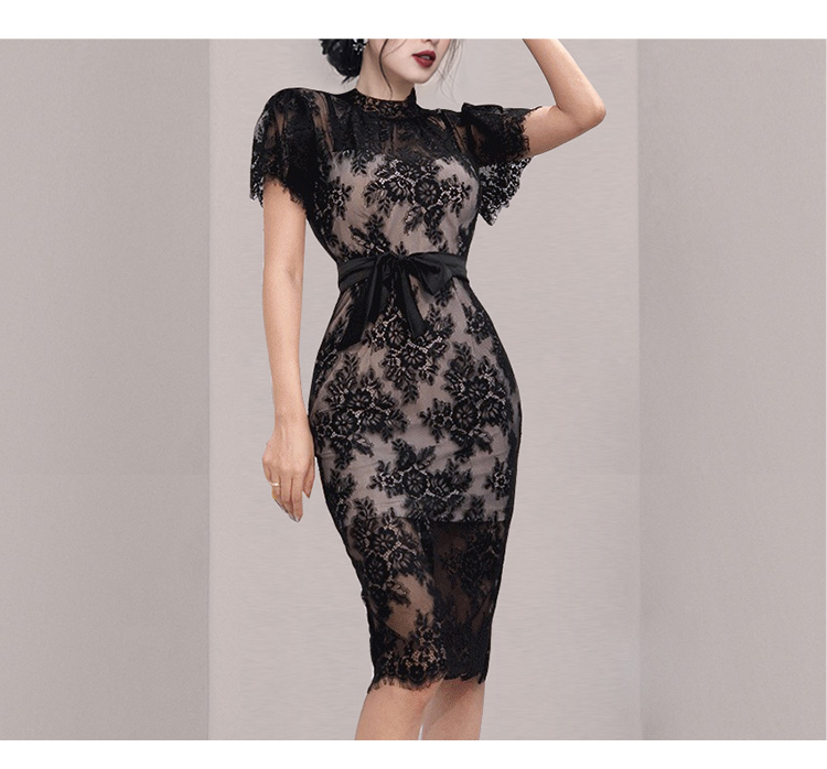 Arrival Fashion Women OL Korean Slim Sexy Elegant Formal Dress Lace Perspective Pencil Vestidos 210519