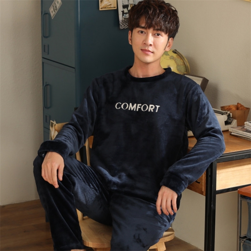 Winter Thick Warm Blue Flannel Pajama Sets for Men Long Sleeve Coral Velvet Sleepwear Suit Loungewear Homewear Home Clothes 210812