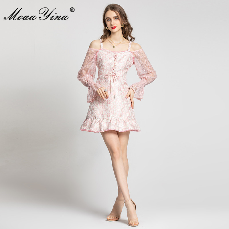 Summer Runway Pink Spaghetti Strap Dresses Women's Lantern sleeve Sequins Printed Vintage Jacquard Short Dress 210524