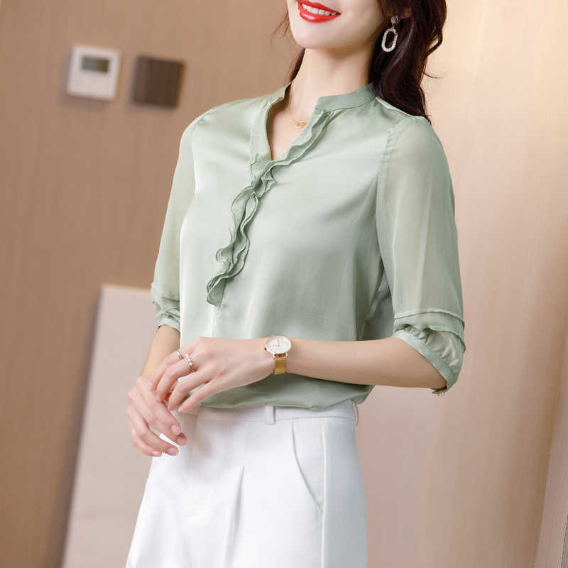 Korean Silk Women Blouses Shirt Ruffles Satin Blouse Office Lady V Neck Top Plus Size Blusas Femininas Elegante 210531