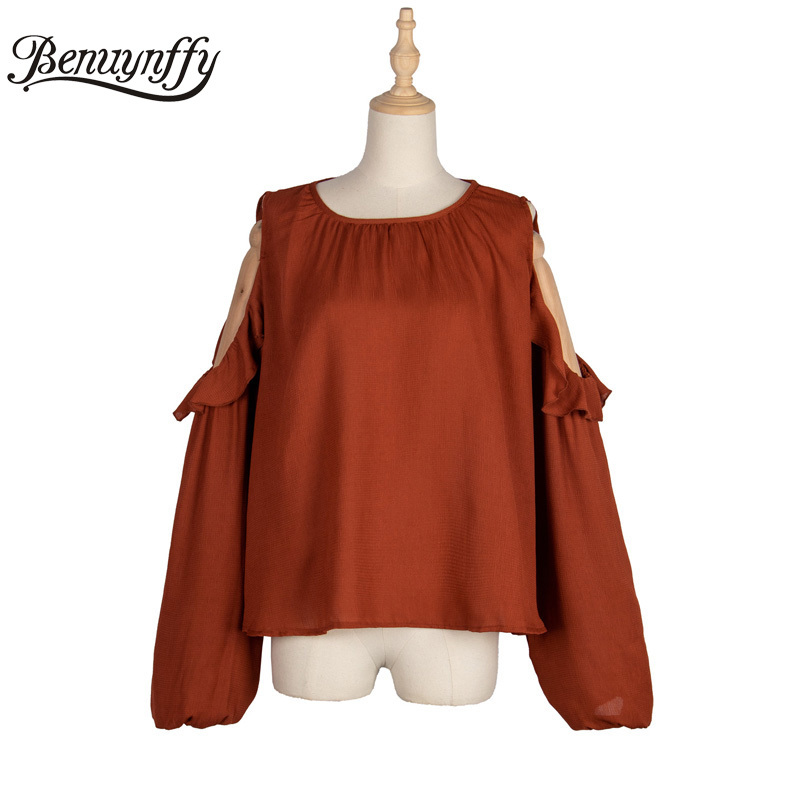 Ruffle Cold Shoulder Ladies Tops and Blouses Autumn Women Fashion O-Neck Long Sleeve Loose Solid Casual Blouse 210510