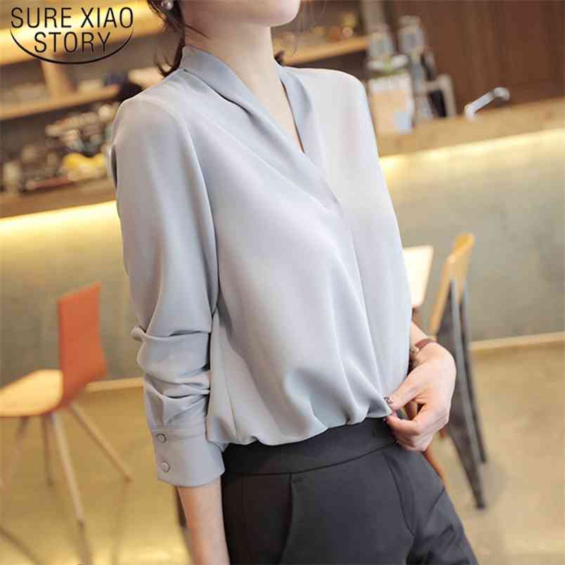 Solid White Chiffon Office Blouse Women Shirt Long Sleeve Blusas Mujer De Moda Casual Elegant Tops Streetwear 7687 50 210506