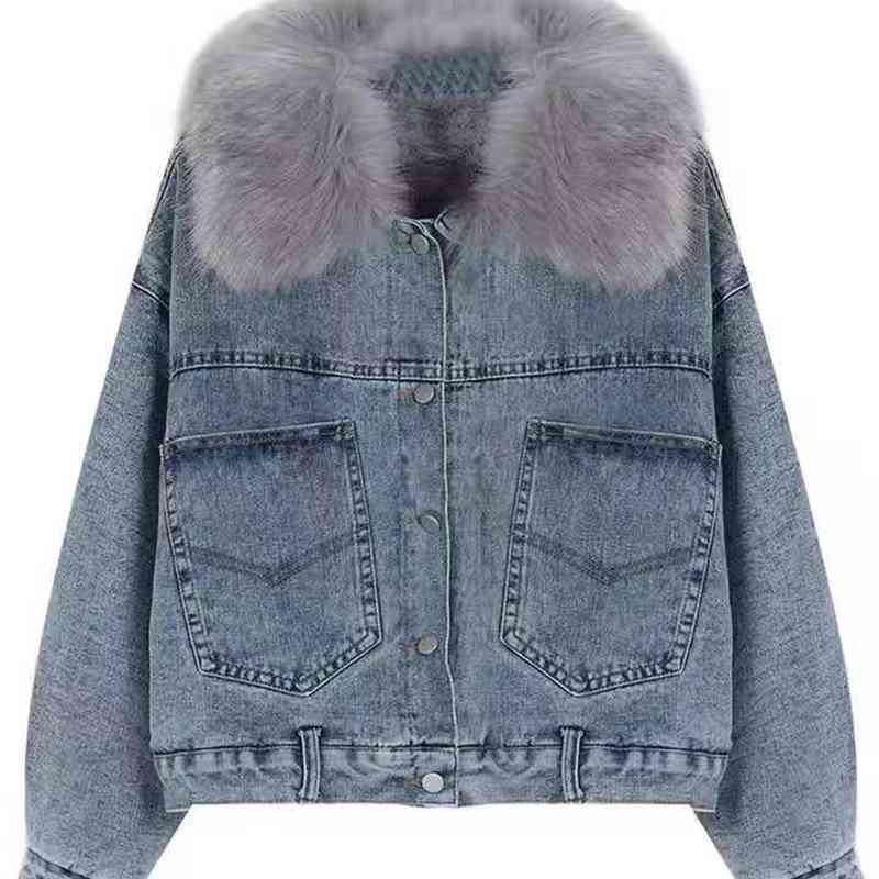 Winter Casual Solid Real Fur Collar Denim Jacket Female Loose Single Breasted Plus Velvet Thickened Parkas Women 210514