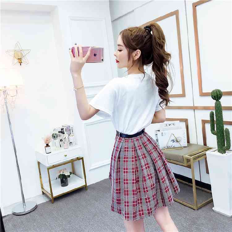Fashion Solid Color Suits White Cotton T-shirt Dresses + Plaid Mini Skirt Two-piece Set Summer Women Clothes 210519