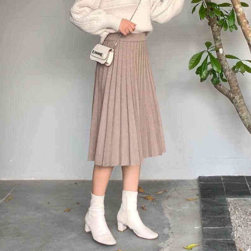 Lucyever Autumn Winter Thick Knitted Skirt Women Fashion High Waist Pleated Midi Skirts Female Elegant Chic A Line Skirt 211119