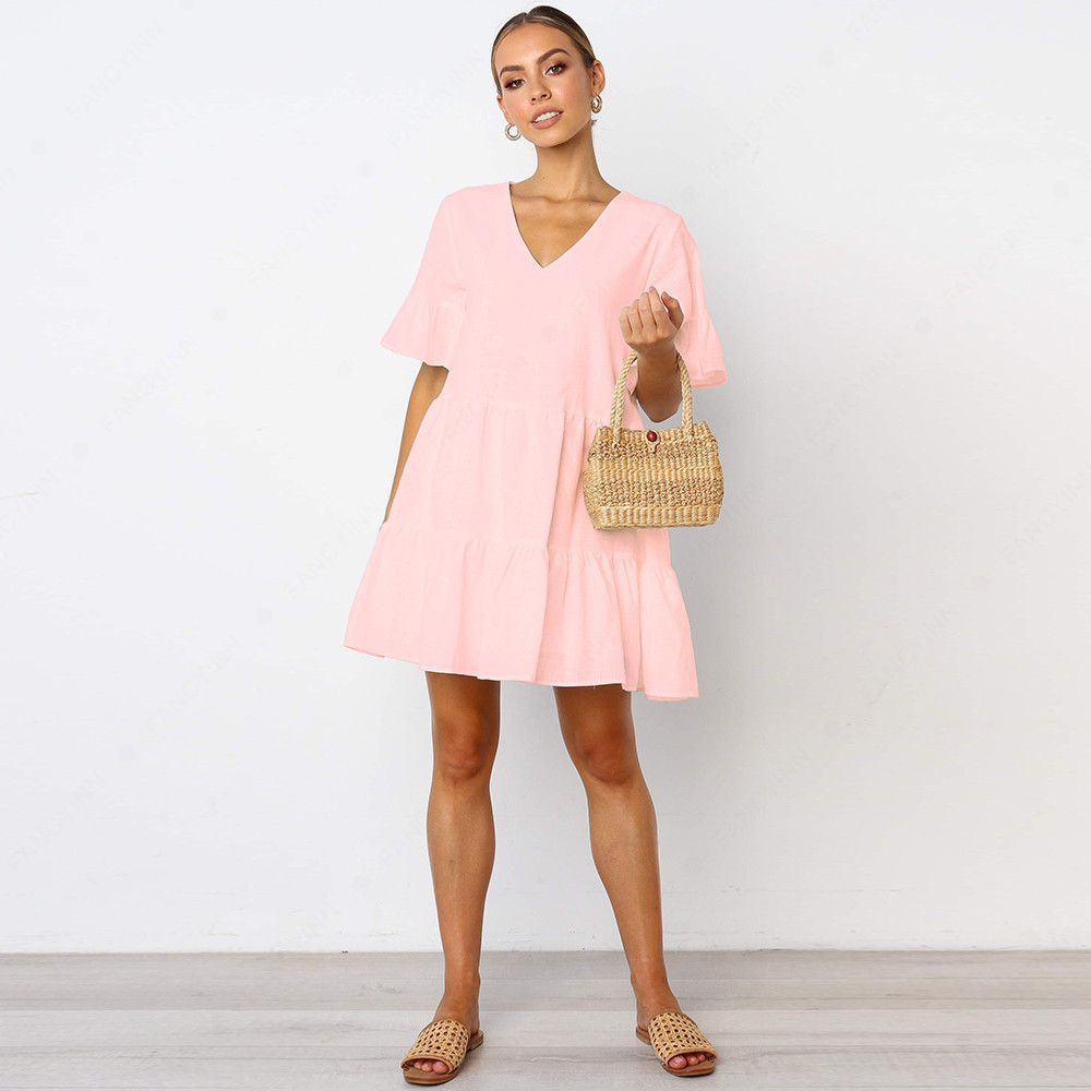 Women Dress Solid Short Sleeve V Neck Bohemian Ruffles Loose Casual Summer es Plus Size Ladies es 210513