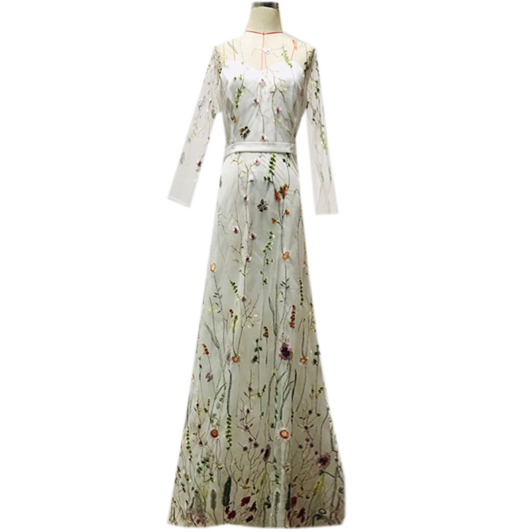 Women Dress Embroidered Large Hem Maxi es Temperament Party es Lace Spliced High Waist Vintage 210513