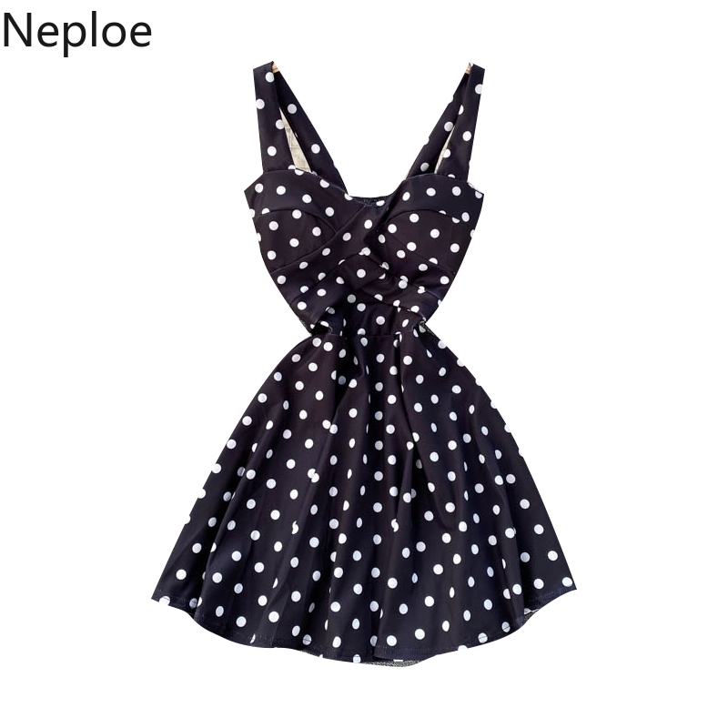 Neploe Woman Dress Fashion Polka Dot V-neck Backless Vestidos Summer Clothes Robe Sweet Sling Mini Dresses for Women 94937 210422