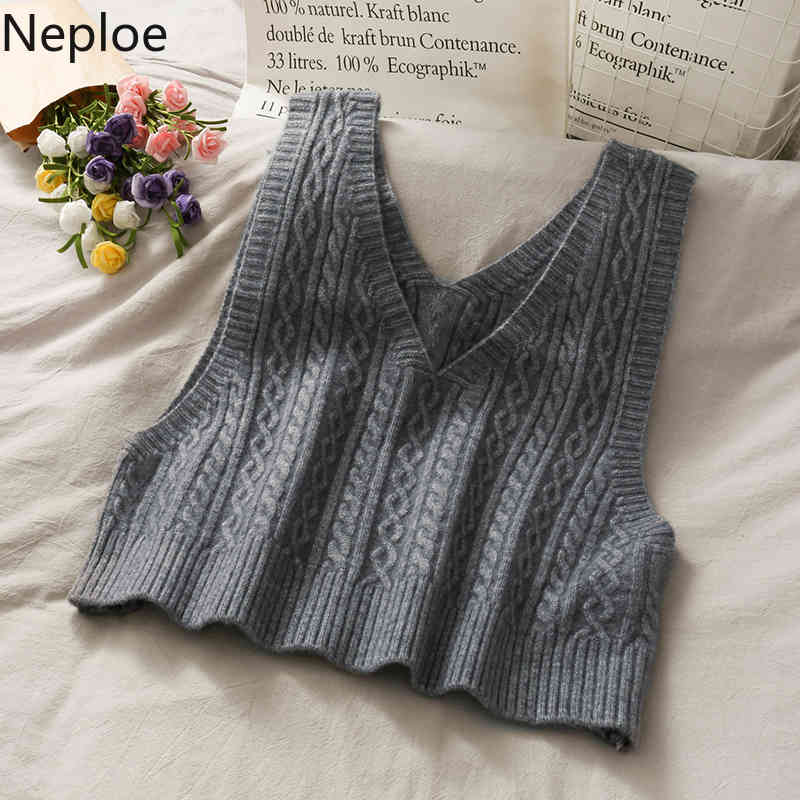Neploe Korean Sweater Vest Women Knitted Cropped Double V-neck Sleeveless Waistcoat Solid Color All-match Tank Tops Coat 4G765 210422