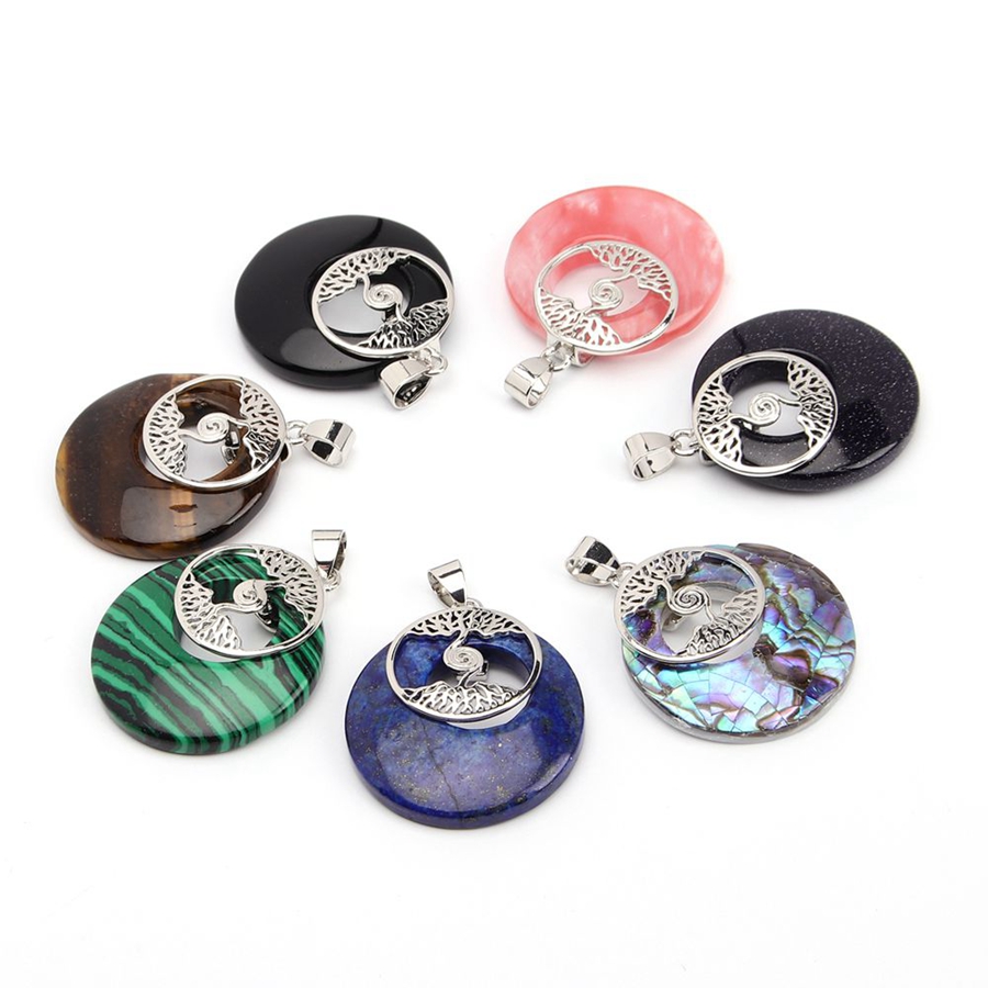 Natural Gemstone Life Tree Nostalgia Round Pendant Amethyst Rose Quartz Opal Obsidian Healing Crystal Necklace Charm Fashion Trend Reiki Stone Jewelry