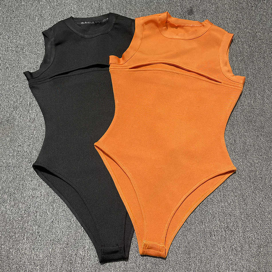 Orange Sexy Hollow Tights Summer Fashion O-neck Ladies Workout Clothes Basic Leggings Bandage Bodysuits 210525