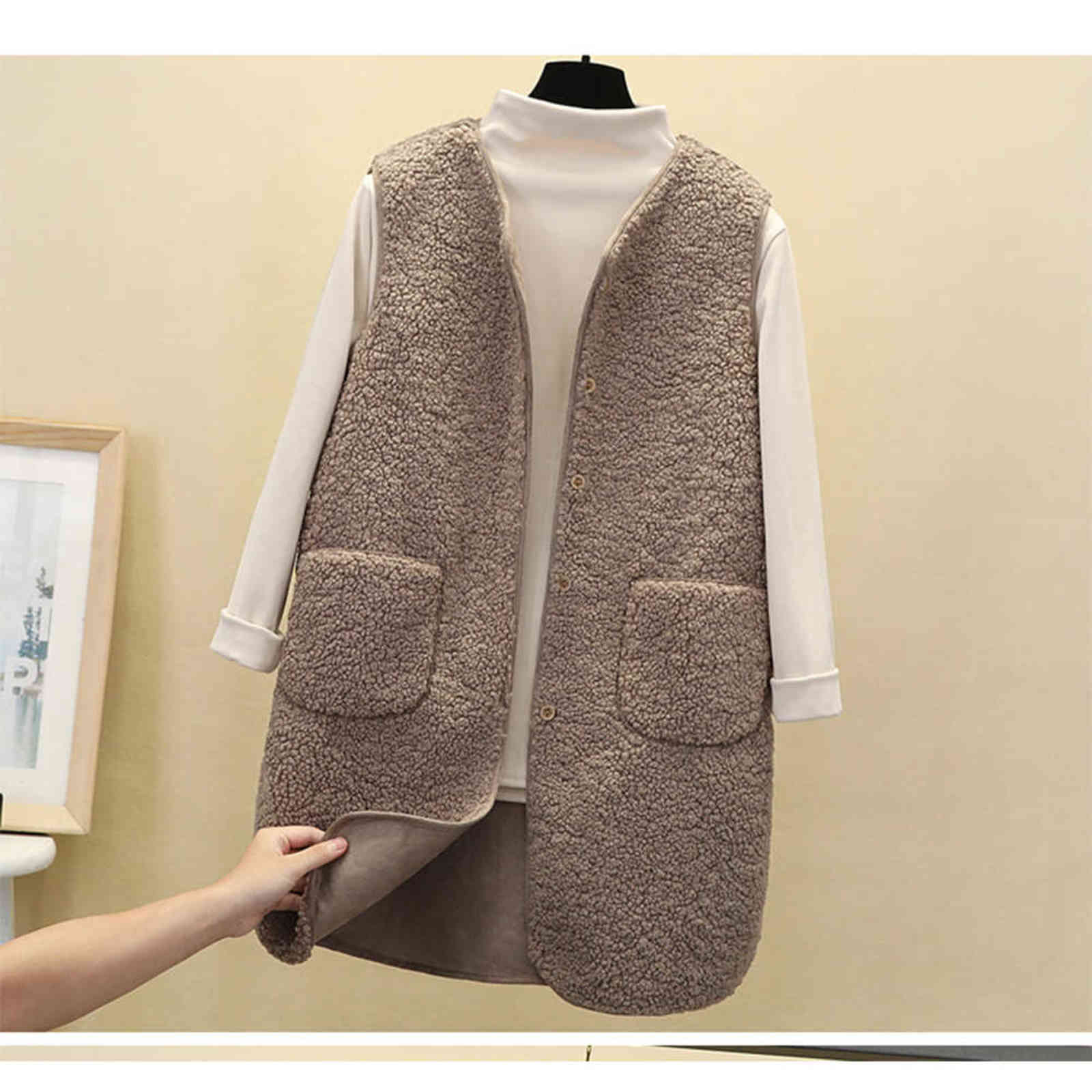 Thick Faux Fur Vest Jacket Winter Women Sleeveless Garment Waistcoat Overcoat Casual Suede Warm Long Female Coats Outerwear 211120