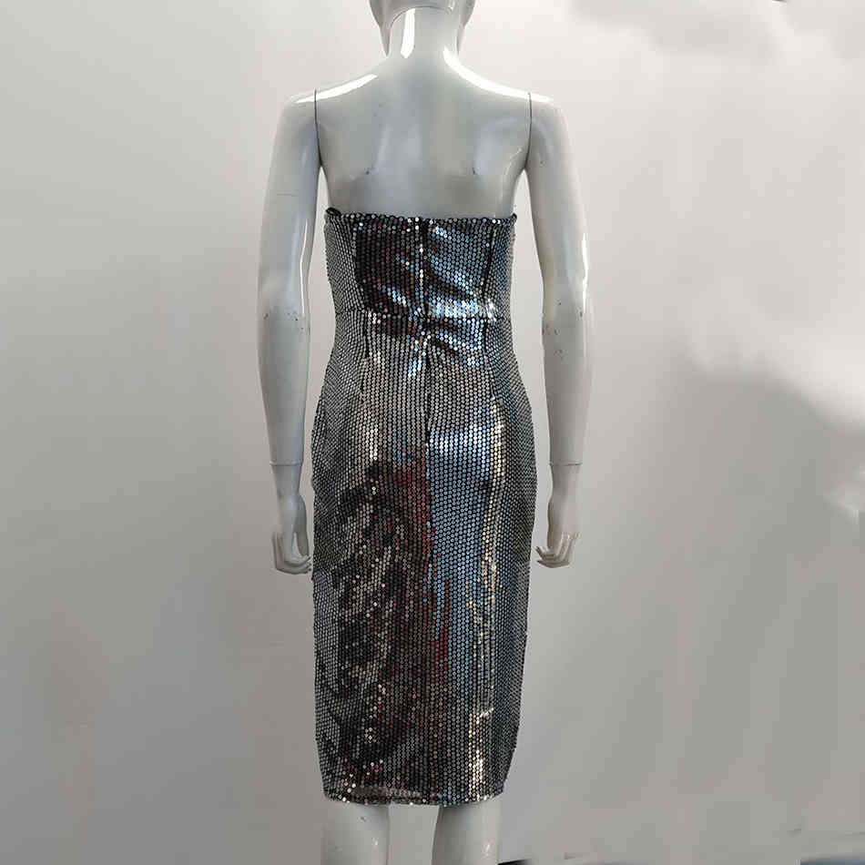 Free Women's Silver Sequined Bandage Dress Sexy Strapless Bodycon Halter Club Midi Celebrity Party 210524