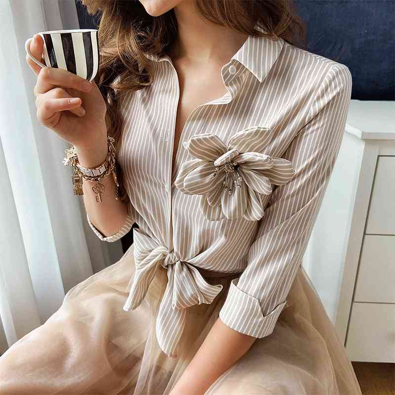 Dabuwawa Vintage Appliques Striped Blouse Women Three Quarter Sleeve Bow Hem Shirts Office Lady Spring Autumn DO1AST028 210520