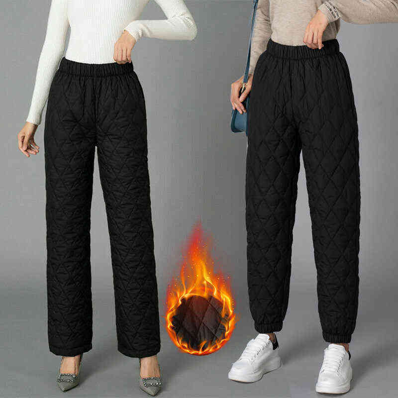 Women Winter Warm Down Cotton Pants Padded Quilted Trousers Elastic Waist Casual 211115