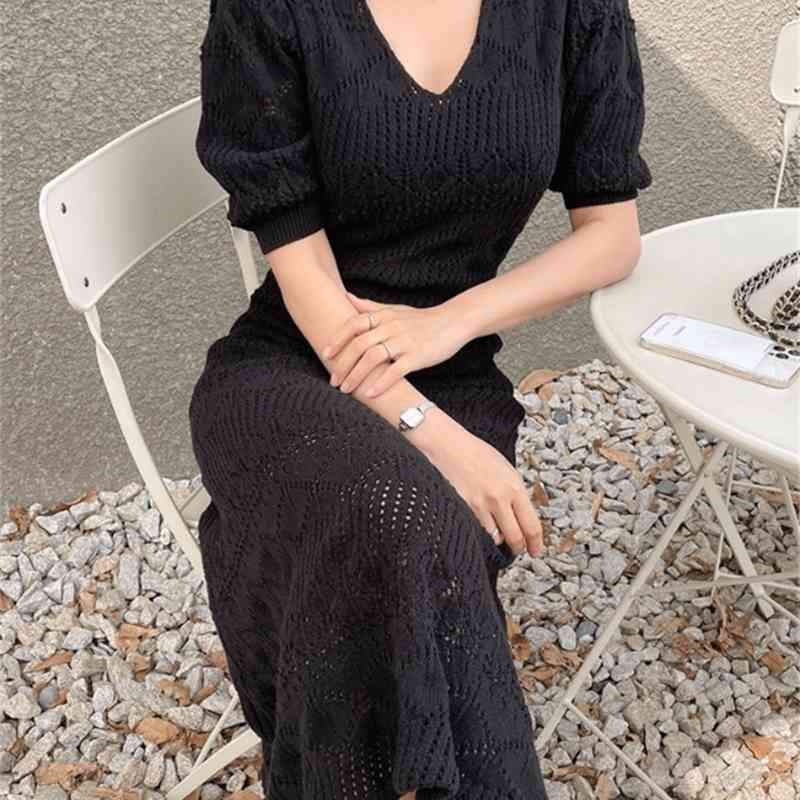 Fashion Casual Solid Sexy V-Neck Slim Korean Chic Summer Dresses Women's Short Sleeve Mid-Length Mermaid Dress 210520