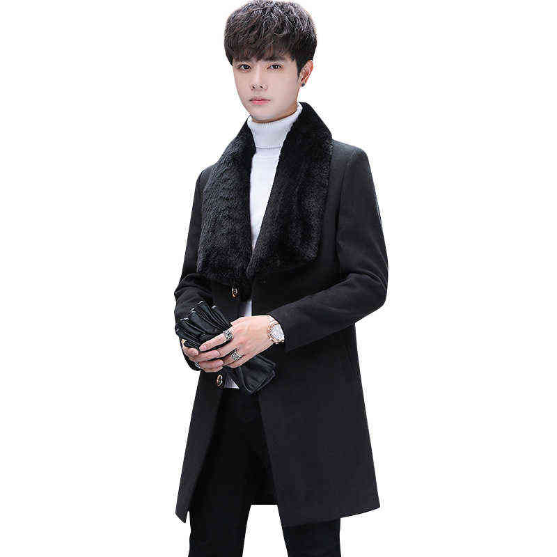 Winter Thicker Jackets Mens Wool Trench Coat Fur Collar Keep Warm Long Overcoat Men Casual Windbreaker Erkekler Ceket 211122