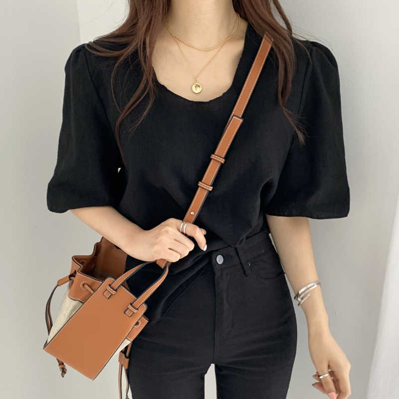 Korejpaa Women T-Shirt Summer Korean Chic Simple Basic V-Neck Loose Casual Solid Color Short-Sleeved All-Match Pullover 210526