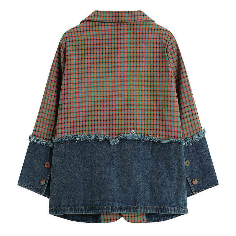 [EAM] Women Plaid Denim Split Big Size Blazer Lapel Long Sleeve Loose Fit Jacket Fashion Spring Autumn 1DC811 211122