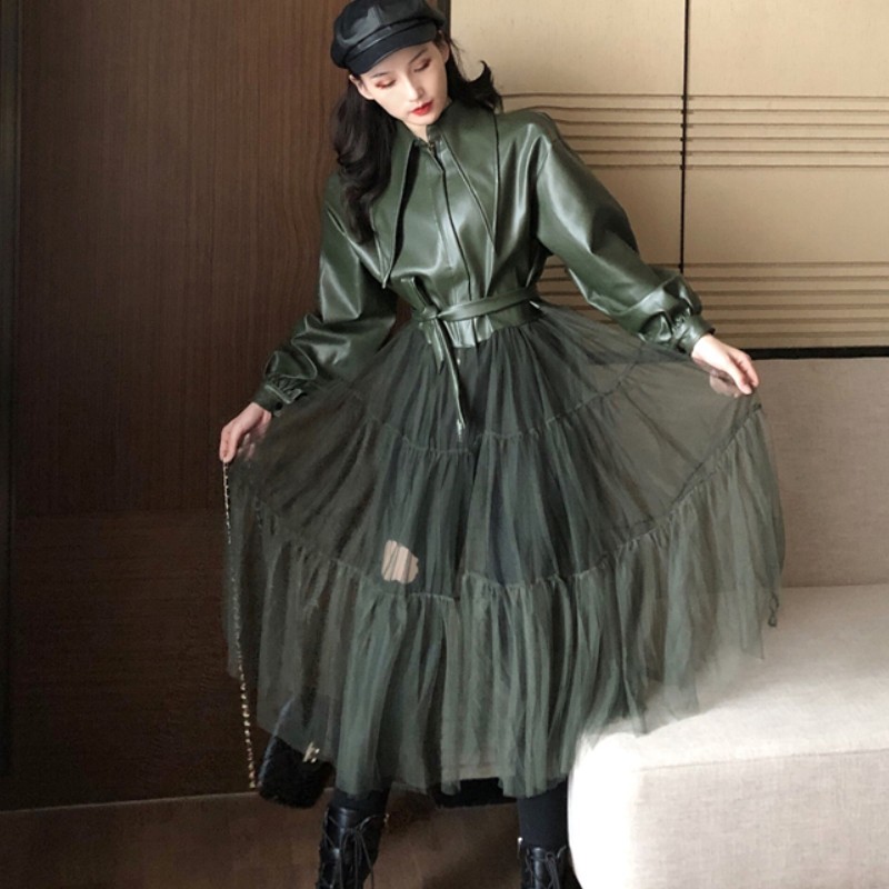 Runway Design Fashion Solid Color Long Mesh Gauze Stitching PU Leather Coat Spring Women Casual Outwear With Belt Female 210518, Army green
Runway Design Fashion Solid Color Long Mesh Gauze Stitching PU Leather Coat Spring Women Casual Outwear With Belt Female 210518, Army green