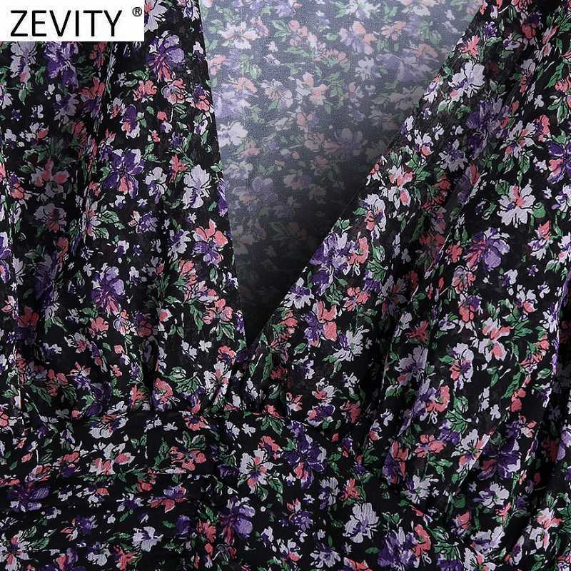 Zevity Women Vintage V Neck Floral Print Chiffon Smock Blouse Office Lady Cascading Ruffle Short Shirts Chic Blusas Tops LS7409 210603