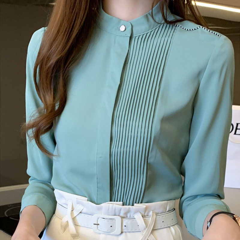 Spring Women's Shirt Korean Style Pleated Long-sleeve Office Lady's Top Fashion Bottoms Blusas Mujer 13931 210427