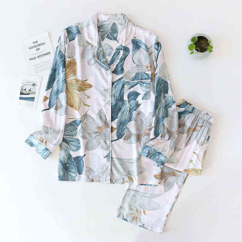 spring and autumn long-sleeved trousers ladies pajamas set viscose cardigan butterfly flower simple thin home service summer 211118