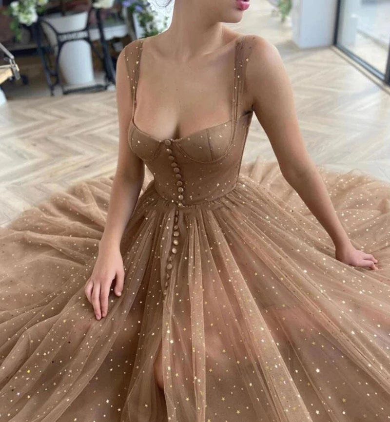 Shiny Brown A Line Starry Tulle Prom Dresses Spaghetti Straps Ankle Length Backless Girl Homecoming Party Dress Evening Graduation Gowns