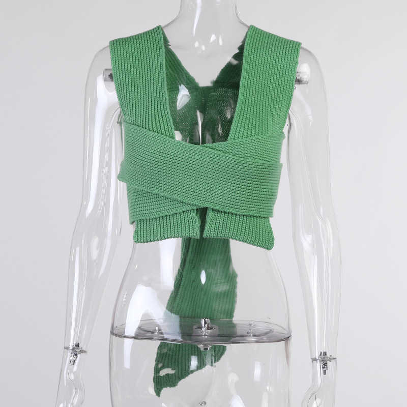 Colysmo Knitted Sweater Vest Solid Color Hollow out Crossed Slim Fit Elegant Crop Tank Top Women Sexy Bustier Chic Streetwear 210527