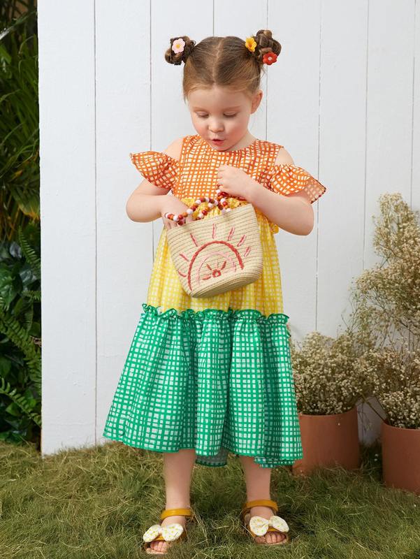 Toddler Girls Plaid Colorblock Cold Shoulder Ruffle Hem Smock Dress SHE