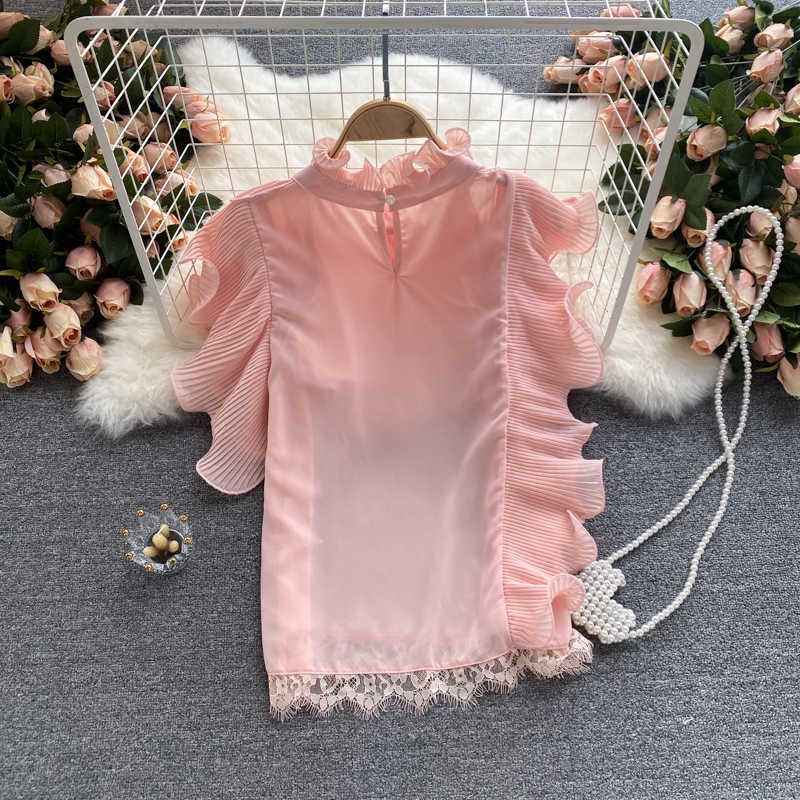 Chiffon Blouse Women Korean Pleated Ruffle Blusa Feminina Summer Butterfly Sleeve Shirt Causal Tops 6J199 210603