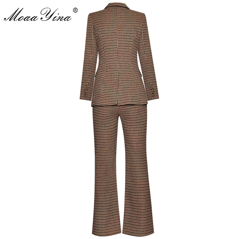 Fashion Set Spring Women's Blouses+Double breasted Suit Tops+Trousers Houndstooth Three-piece suit 210524