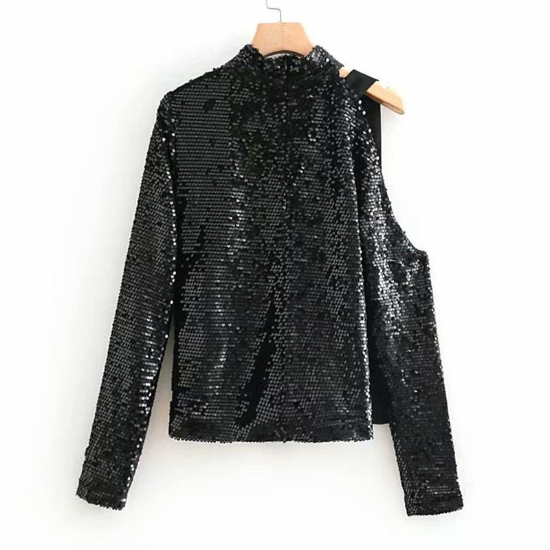 Autumn Women's Black Sequined Stand Collar Personality Long Sleeve Off Shoulder Top Black shiny t-shirt 210507