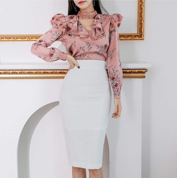 Women Spring Sexy OL Work Wear 2 Pieces Set Ruffles Flowers Long Sleeve Blouses & High Waist White Bodycon Pencil Skirt Sui 210518