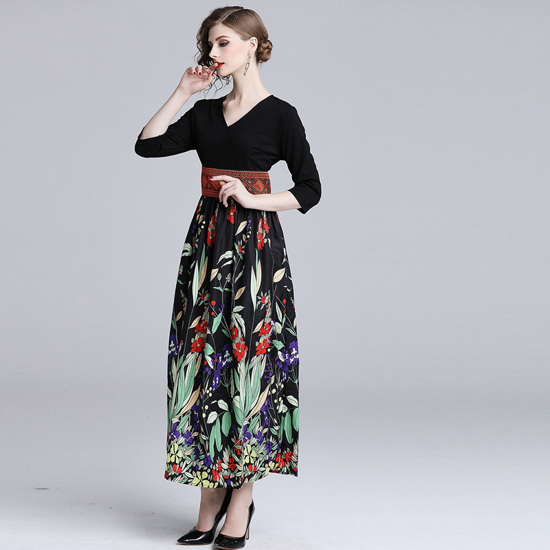 VKBN Spring and Summer Women Dress Up Printing Three Quarter Knee-Length V-Neck Empire Dresses Long 210507