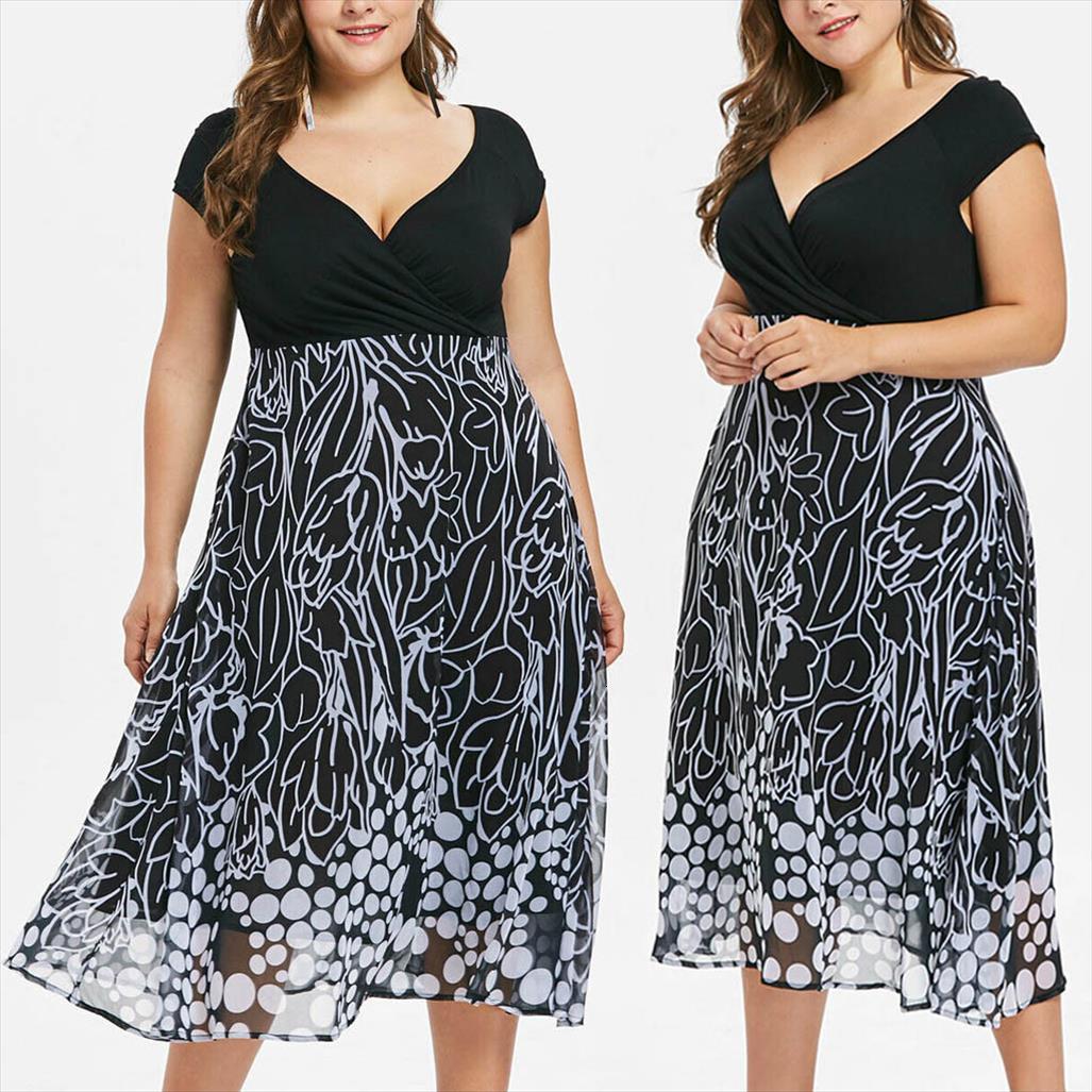 plus size summer elegant womens dress v neck high waist short sleeve printed swing hem oversized holiday dresses vestidos, Black;gray
plus size summer elegant womens dress v neck high waist short sleeve printed swing hem oversized holiday dresses vestidos, Black;gray