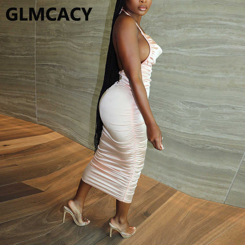 Halter Backless Bodycon Ruched Midi Dress Elegant Evening Party Dress 210702