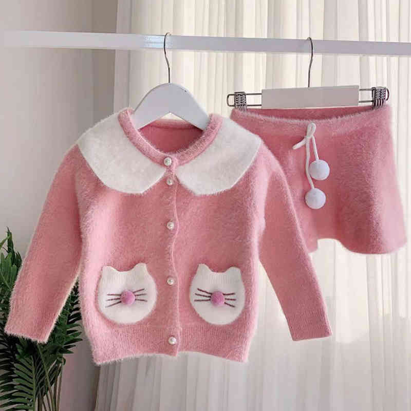 Girls Set Autumn Winter Sweater Kid Clothes Korean Rabbit Ear Knitwear Pocket Doll Collar Top+Skirt 2PCs Baby 210515