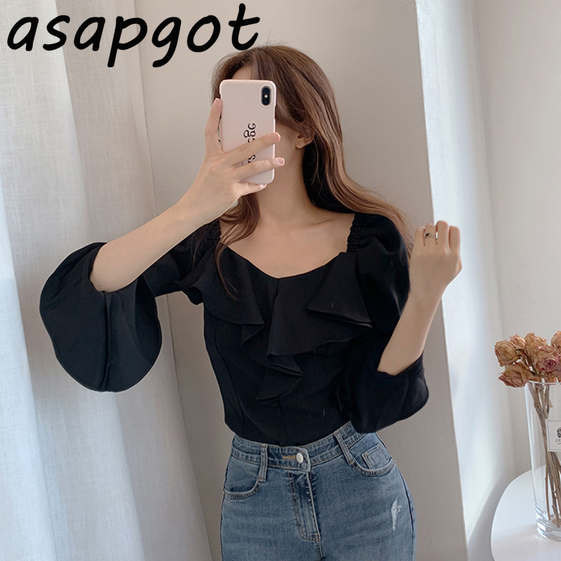 Temperament Shirts & Blouses Retro Slim V Neck Flare Sleeve Blouse Women Clothing Full Khaki Tops Elegant Chic Blusas De Mujer 210429