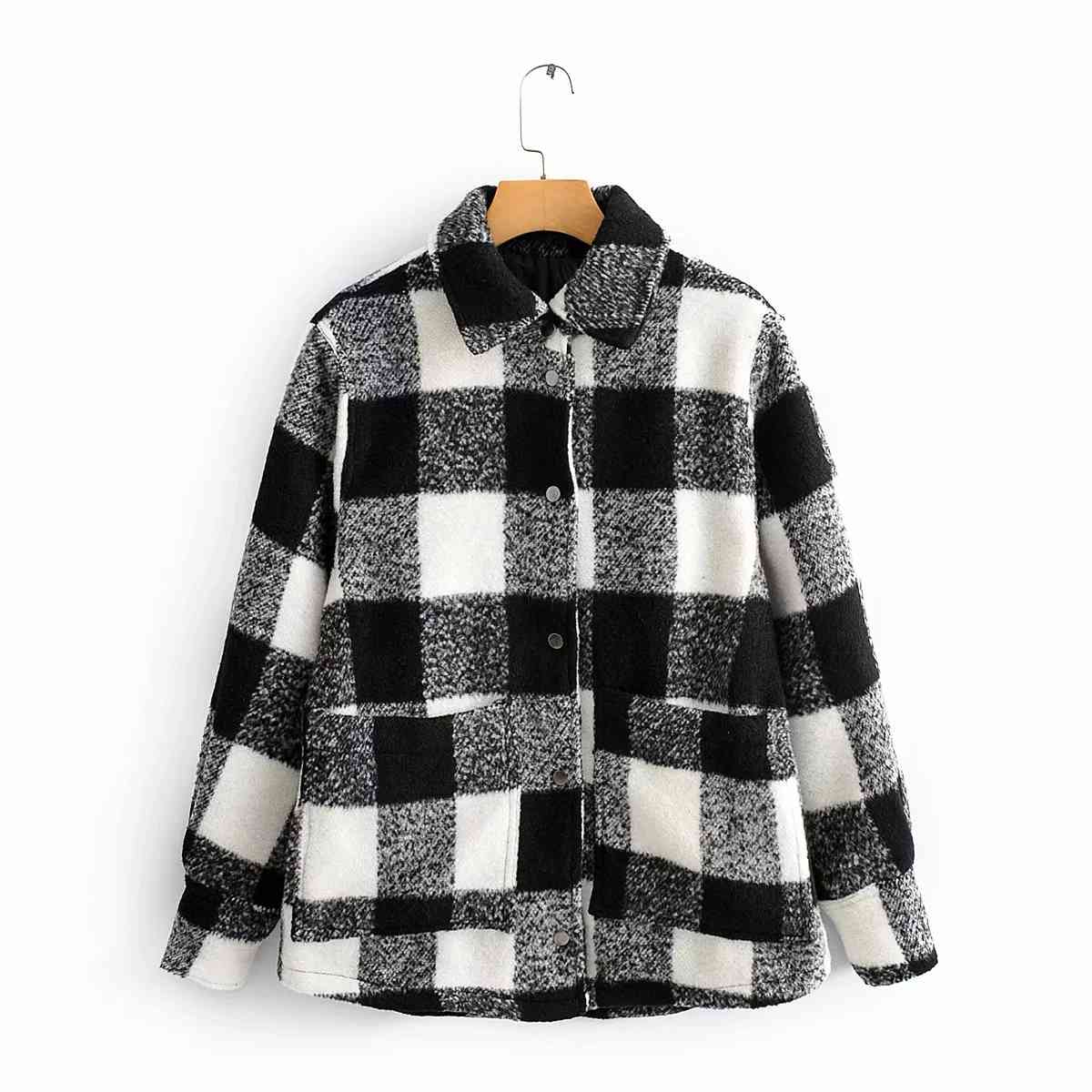 Vintage Woolen Plaid jacket women winter coat Long Sleeve oversize shirts casual work office Chic outwear 210521