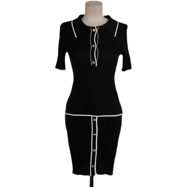 Korean Summer 2 Piece Set Women Lapel Short Sleeve Knitted T-Shirt Top + Bodycon Mini Skirt Suits 210519