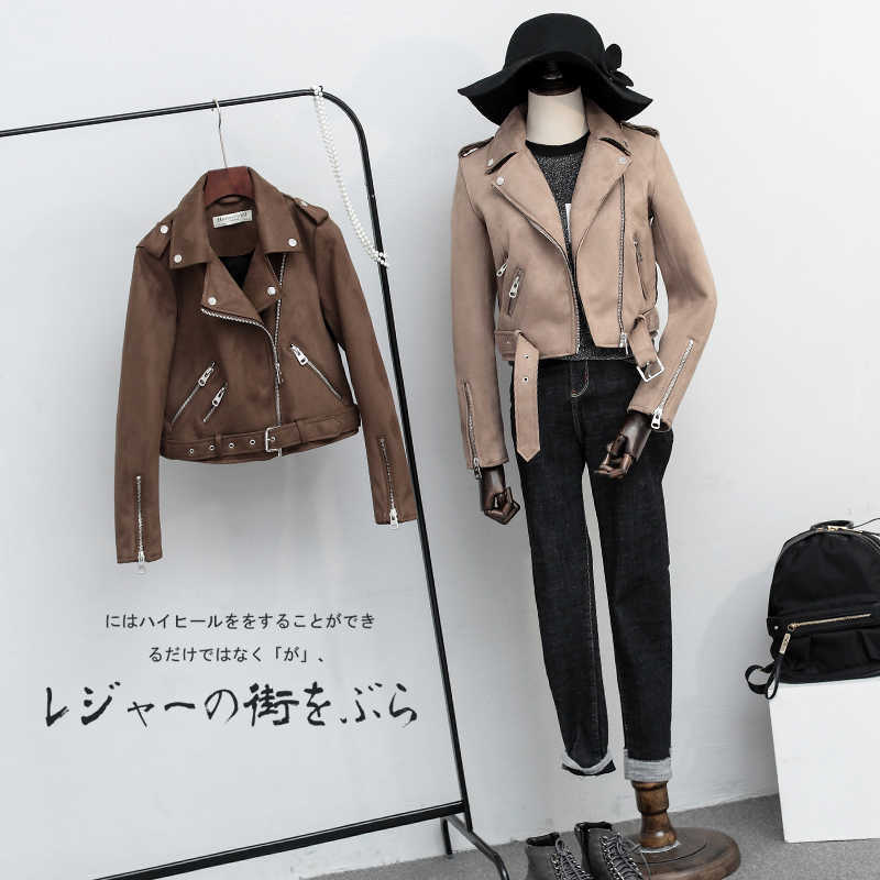 Fitaylor Autumn Faux Suede Womens Motorcycle Jacket Faux Leather Jacket Women Biker Jacket Slim White PU Coat 210908